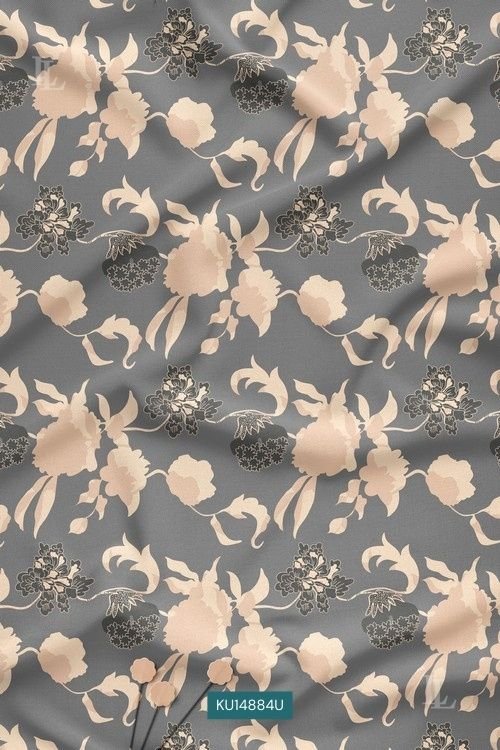 Slate Grey Floral Nature Motif Digital Print Fabric