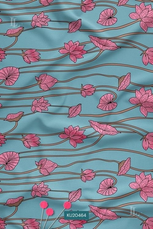 Statement Floral Digital Print Fabric in Teal Pink Linear Design