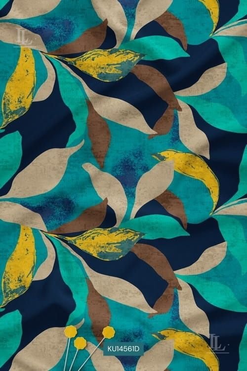 Teal Abstract Leaf Nature Motif Contemporary Digital Print Fabric