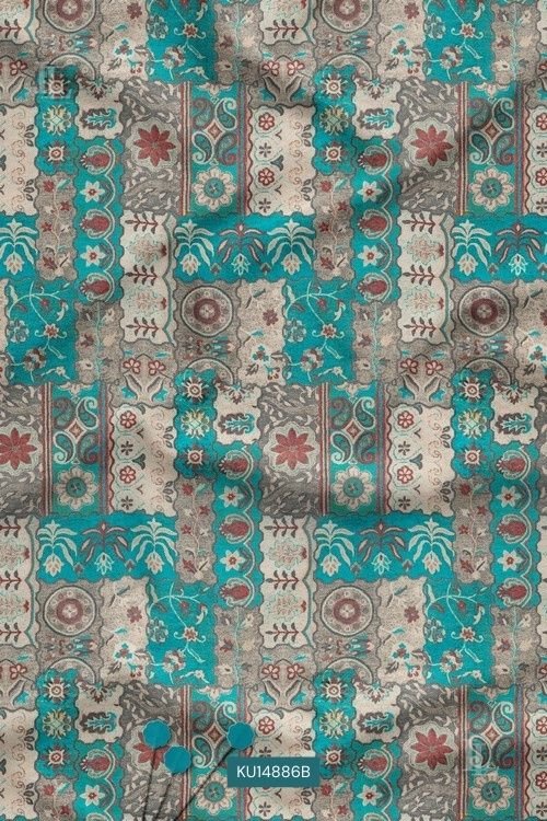 Teal Vintage Paisley Mughal Buti Digital Print Fabric