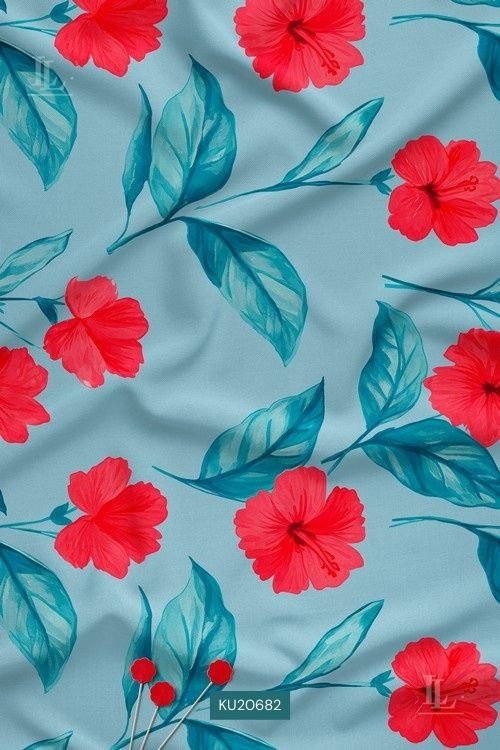 Tropical Floral Digital Print Fabric in Aqua Red Hibiscus Design