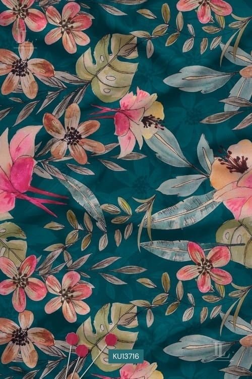 Tropical Floral Digital Print Fabric in Teal Botanical Design