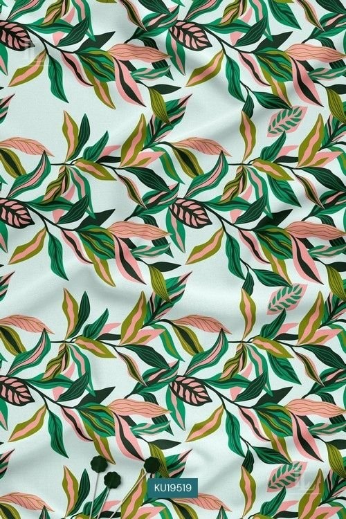 Tropical Leaf Digital Print Fabric in Mint Green with Multicolor Botanical Design