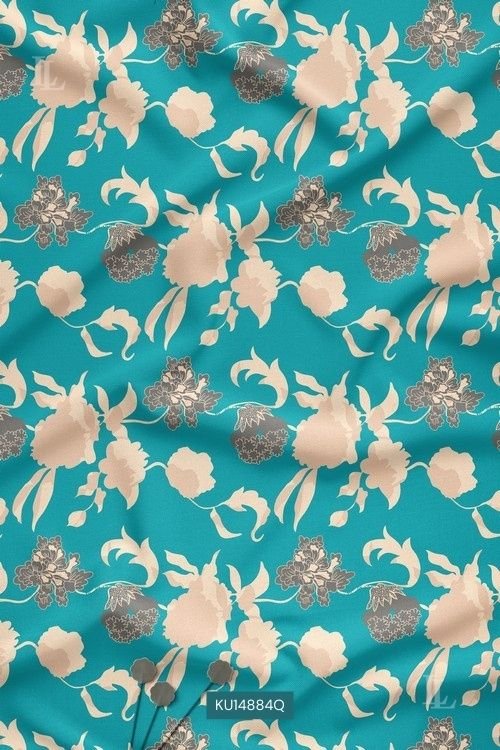 Turquoise Floral Nature Motif Digital Print Fabric