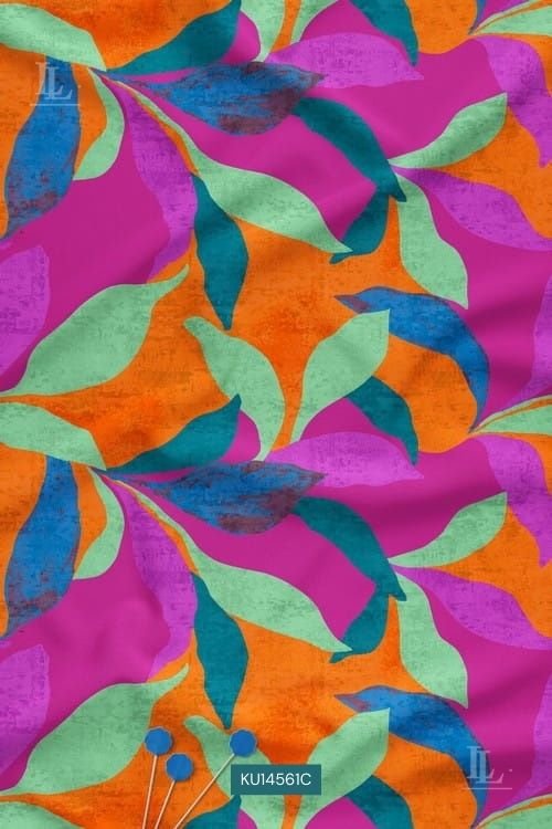 Vibrant Abstract Leaf Nature Motif Digital Print Fabric