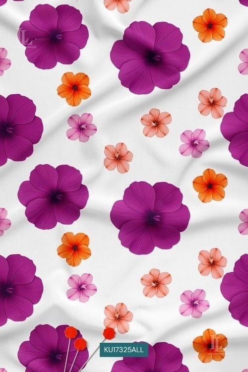 Vibrant Floral Nature Motif Digital Print Fabric on White Base