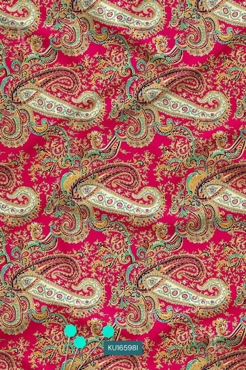 Vibrant Paisley Nature Motif Digital Print Fabric on Red Base