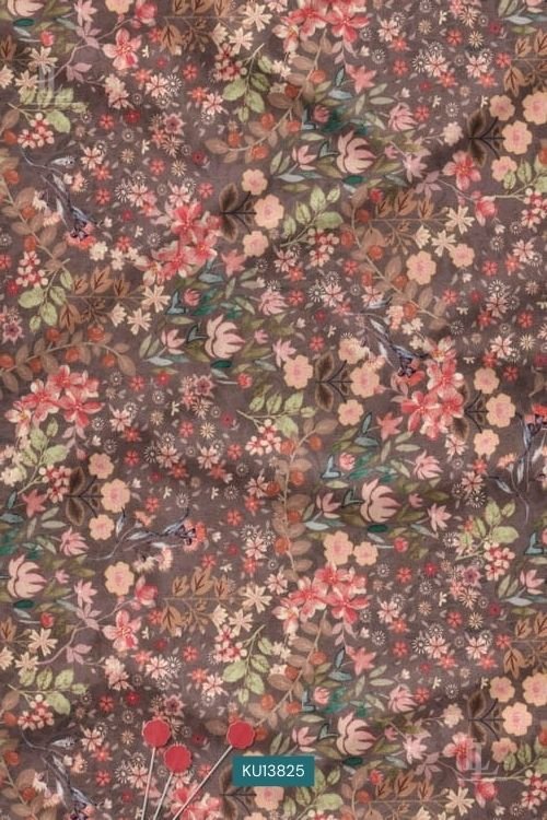 Vintage Botanical Floral Digital Print Fabric in Earthy Brown Design