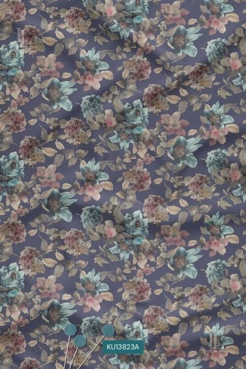 Vintage Floral Digital Print Fabric in Slate Lavender Botanical Design