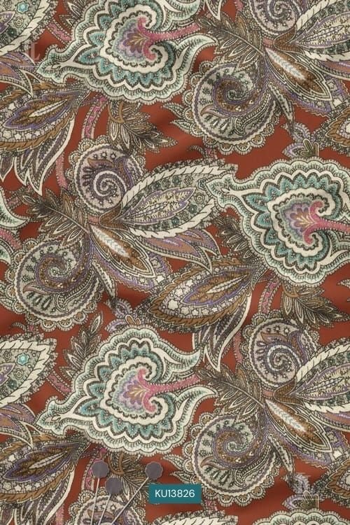 Vintage Paisley Digital Print Fabric in Rust Ornamental Design