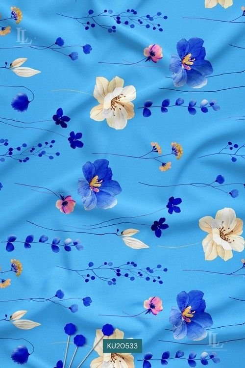 Watercolor Floral Digital Print Fabric in Sky Blue Delicate Design