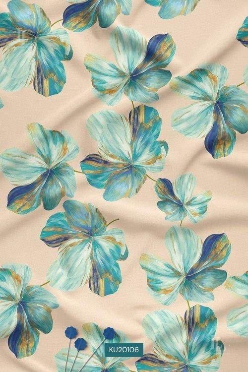 Watercolor Floral Digital Print Fabric in Teal Beige Contemporary Design