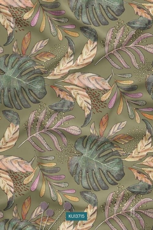 Watercolor Nature Motif Digital Print Fabric with Tropical Leaves