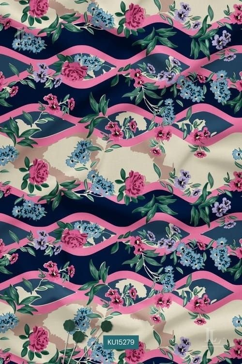 Wave Pattern Floral Nature Motif Digital Print Fabric