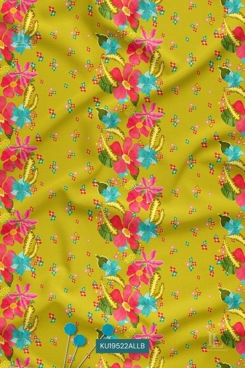 Yellow Floral Digital Print Fabric with Vibrant Multicolor Botanical Design